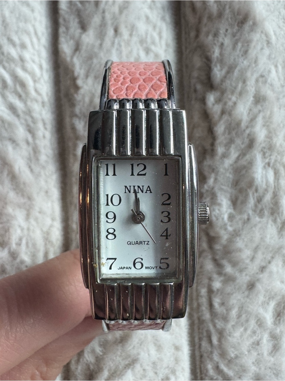 Vintage Nina Silver Tone Ribbed Cuff Watch Textured Pink Inlay Tank Dial